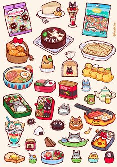 an assortment of food and drink items on a white background with the words hello kitty written in japanese