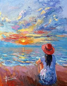 a painting of a woman sitting on the beach watching the sun go down over the ocean