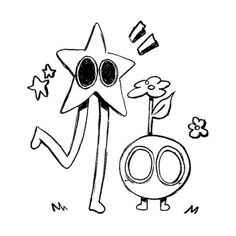 a black and white drawing of a cartoon character with big eyes holding a flower in his hand