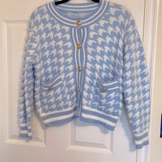 Free Size Nwot- The Color Is Baby Blue So Warm Blue Crew Neck Cardigan For Spring, Blue Crew Neck Cardigan For Fall, Light Blue Crew Neck Cardigan For Fall, Light Blue Crew Neck Cardigan For Winter, Chic Blue Cardigan For Fall, Light Blue Crew Neck Outerwear For Fall, Cozy Light Blue Cardigan For Spring, Blue Crew Neck Trendy Cardigan, Blue Soft Knit Cardigan For Spring