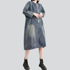 Make a statement with our aged midi denim dress from the 2023 Spring-Summer Collection. Featuring a unique smoothed finish. intricate painted prints. and a signature buttoned closure. this street-style dress is the perfect blend of ageless vibes and vogue-day flair!Why You'll Fall In Love Vintage Charm: Step back to the days of yore with this dress. an ode to the Y2K era and its legendary fashion sense. Sanded Finish: The smoothed finish adds depth and character to the dress. giving it a unique Blue Washed Dresses For Fall, Knee-length Washed Blue Denim Dress For Fall, Fall Knee-length Washed Blue Denim Dress, Dark Wash Dresses With Button Closure And Relaxed Fit, Knee-length Dark Wash Denim Dress, Dark Wash Relaxed Fit Dress With Button Closure, Relaxed Fit Dark Wash Dress With Button Closure, Dark Wash Knee-length Denim Dress, Dark Wash Long Sleeve Washed Dress