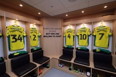 the dressing room is filled with yellow and green jerseys