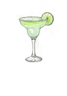 a drawing of a margarita cocktail with a lime slice on the rim and garnish