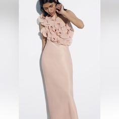 Dress With Asymmetric Neckline And Wide Strap. Tonal Pleated Ruffle Detail. Side Hidden In-Seam Zip Closure. Beige-Pink. Size S. New With Tag. Beige-Pink | 1971/021 Outer Shell Main Fabric 100% Viscose Secondary Fabric 100% Polyester @Zaraforadolla Note: Super Rare Piece. Show Stopper. Spring Evening Midi Dress With Asymmetrical Neckline, Feminine One-shoulder Evening Dress, Chic Pink Midi Dress With Asymmetrical Neckline, Spring Pink Midi Dress With Asymmetrical Neckline, Feminine Fitted One-shoulder Maxi Dress, Feminine One-shoulder Dress With Ruffles, Dressy Pink Ruffled Midi Dress, Dressy Spring Maxi Dress With Ruffles, Elegant Asymmetrical Pink Dress