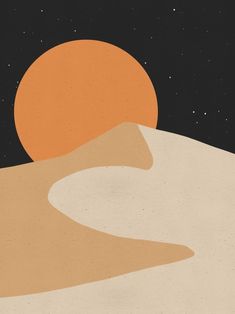 an orange sun is setting on top of a desert hill with sand dunes and stars in the sky