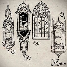 an old fashioned drawing of gothic architecture and stained glass windows with the moon above them