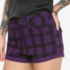 Move Over Red! Make Way For Purple Plaid! These Hi-Rise, Folded Hem Shorts Have 5-Pocket Styling, And Single Button And Zipper Closure, And Are Perfect To Wear Any Way You Want. 98% Cotton; 2% Spandex Wash Cold; Dry Low Imported 4" Inseam With 1" Double Folded Hem Listed In Junior Sizes Edgy Fitted Purple Bottoms, Fitted Edgy Purple Bottoms, Purple Cotton Bottoms Short Length, Purple Cotton Short Bottoms, High-waisted Purple Bottoms With Built-in Shorts, Purple High Waist Cotton Shorts, High Waisted Purple Cotton Shorts, High Waist Purple Cotton Shorts, Purple High Waist Casual Shorts