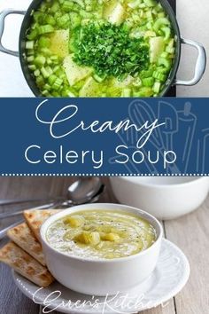 creamy celery soup in a white bowl with crackers on the side