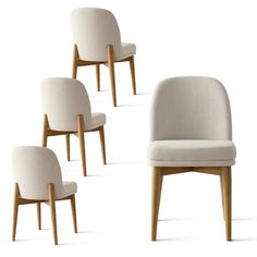 four white chairs with wooden legs and one chair has a beige upholstered seat