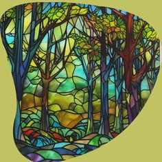 a stained glass window with trees in the background