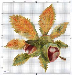 a cross stitch pattern with an orange flower and green leaves on the top of it