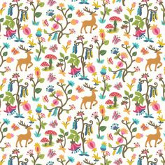 an animal themed wallpaper with trees and animals on it's white back ground