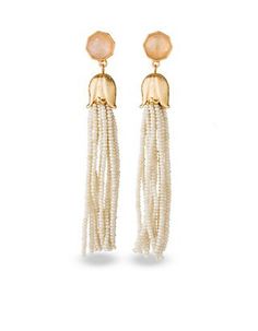 Cream Bellflower Tassel Earrings Elegant Spring Beaded Earrings, Elegant White Fringe Earrings, Tassel Earrings For Wedding, Elegant Beaded Dangle Earrings With Tassels, Gold Tassel Jewelry For Spring, Spring Tassel Drop Earrings, Spring Fringe Dangle Earrings, Elegant Beaded Earrings With Tassels As Gift, Elegant Beaded Earrings With Tassels For Gift