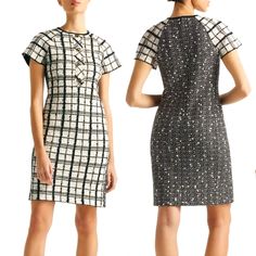 Nwt$1,795 St. John Plaid Raglan Sleeve Tweed Knit Sheath Black White Dress Sz 6 Color Ecru /Black Multi Eye-Catching Yet Refined, This Sheath Dress Featuring A Mix Of Slubbed Plaid And Marled Tweed Is Flanked By Raglan Sleeves And Finished With Striking Buttons. Button Half-Placket Jewel Neck Short Sleeves 44% Acrylic, 33% Wool, 10% Cotton, 7% Polyamide, 6% Polyester With 48% Acrylic, 35% Rayon, 14% Polyester Contrast 17" Armpit-Armpit 37" Shoulder To Hem **First Button's Black Layer Fell Off Bu Luxury Fitted Tweed Office Dress, Luxury Fitted Tweed Dress For Office, Chic Sheath Tweed Dress For Work, Glitter Party Dress, Navy Sweater Dress, Gold Cocktail Dress, Dress And Jacket Set, Poncho Cardigan, Grey Sweater Dress