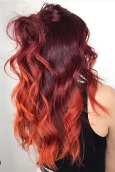 Red Fall Balayage, Red Hair Color Money Piece, Trendy Red Hair 2023, Copper Hair With Black Money Piece, Purple To Orange Hair, Copper Hair Underneath, Copper Hair With Dark Roots Red Ombre, Burgundy And Orange Hair, Red Orange Balayage