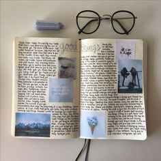 an open book with pictures and glasses on it