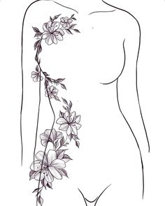 a drawing of a woman's breast with flowers on the side and behind her