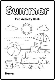 an activity book for kids to color on the beach with sandcastles and umbrella