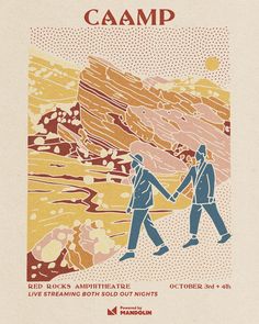 a poster with two people holding hands in front of some mountains and rocks that read caampp