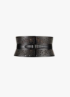 Chic Leather Belt With Embroidery, Chic Embroidered Leather Belt, Elegant Leather Belt With Embroidery, Designer Leather Party Belts, Designer Leather Belts For Party, Leather Belt Buckles For Evening, Luxury Embroidered Belt, Luxury Black Corset Belt With Belt Included, Black Luxury Corset Belt With Belt Included