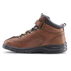 The iconic work boot has been reinvented. Rugged enough for all your outdoor adventures, yet sturdy, casual and stylish for work, the Dr. Comfort Vigor is a comfortable hiking boot delivering stability and comfort. Designed with full top-grain leather, the Vigor features a padded heel cup and tongue helping to protect your feet from skin irritation and discomfort. Plus, our unique no-tie elastic lace system helps makes this hiking boot easy to put on. Lightweight and comfortable, the Vigor has g Functional Brown Lace-up Boots, Durable Round Toe Boots For Adventure, Rugged Outdoor Walking Shoes With Ortholite Insole, Functional Brown Lace-up Hiking Boots, Durable High-top Adventure Boots, Waterproof Mid-top Walking Boots, Brown Ankle Lace-up Boots For Outdoor, Durable Brown Functional Boots, Durable Functional Brown Boots