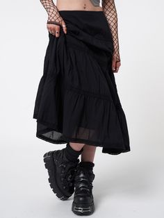 Complete your look with the ruffle maxi skirt in black. Discover more aesthetic fairy grunge pixie vintage-inspired clothing at Minga London. Edgy Tops, Lace Maxi Skirt, Minga London, Ruffle Maxi Skirt, Maxi Lace Skirt, Crochet Lace Trim, Crop Top Sweatshirt, Vintage Inspired Outfits, Punk Outfits