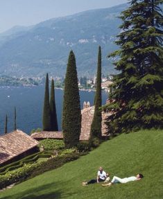 two people laying on the grass in front of some trees and water with mountains in the background