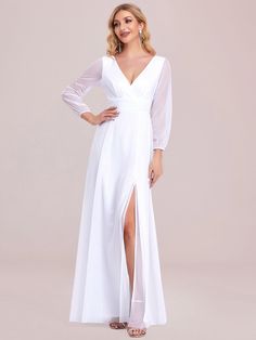 This Dress is fashionable for every occasion. the dress is made-to-order by professional tailors. You can choose from 50 colors, Regular sizes 2 to 16 and plus sizes 14w to 26W. Custom size is also available. Elegant Fitted Chiffon V-neck Dress, Fitted Chiffon V-neck Dress For Formal Occasions, Fitted Long Sleeve Chiffon V-neck Dress, White V-neck Maxi Dress For Banquet, White V-neck Evening Dress With Fitted Bodice, Fitted Chiffon V-neck Dress, Fitted Maxi Length V-neck Wedding Dress, Fitted Chiffon V-neck Party Dress, White V-neck Dress For Banquet