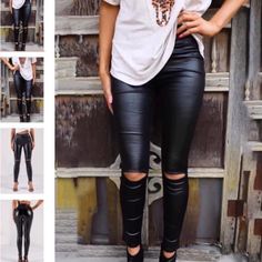 Black Faux Leather Leggings With Cut Knees.. A Little Thicker Great For Chilly Days. Nwt Various Sizes.. Faux Leggings, Black Faux Leather Leggings, Stylish Pants, Best Leggings, Faux Leather Leggings, Denim Flares, Leather Leggings, Black Skinnies, Black Faux Leather