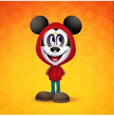 a cartoon mickey mouse wearing a red hoodie and standing in front of an orange background