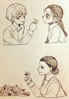 three drawings of girls with flowers in their hands and one girl holding a flower up to her face