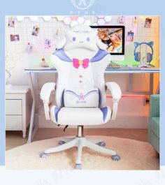 an office chair with a white unicorn design on the back and pink bow tie around it's neck