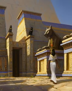 an egyptian scene with a woman in white and a large animal statue next to it