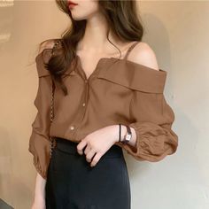 Long Sleeve Sexy Off Shoulder With Straps Blouse Shirt – Tomscloth Loose Tunic, Blouse Summer, Off Shoulder Shirt, Fashion Shirts, Custom Made Clothing, Tops Long Sleeve, Fashionista Clothes, Shirts Women, 2023 Fashion