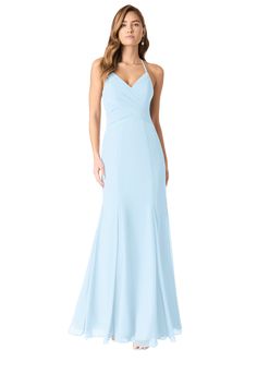 a woman in a long blue dress with straps on the waist and one shoulder, wearing a