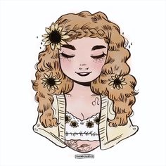 a drawing of a girl with long blonde hair and sunflowers in her hair