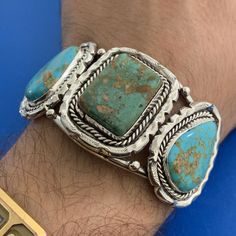 * Old Pawn Unsigned Native American Sterling Turquoise Wide Open Cuff Bracelet * Inner Cuff Measures: 5-1/2" * Gap Measures: 1-1/8" * Center Rectangle Turquoise Cabochon Measures Approximately 25.4 Mm X 20.0 Mm * Two Pear Turquoise Cabochons Measure Approximately 25.8 Mm X 18.25 Mm Each * Bracelet Weight: 58.0 Tgw * Unmarked * Professionally Assayed * Condition: As Pictured. (Zch225br) * S5402 Elegant Turquoise Cuff Bracelet, Turquoise Bangle Cuff Bracelet For Formal Occasions, Luxury Handmade Turquoise Bracelets, Luxury Handmade Turquoise Bracelet, Open Cuff Bracelet, Turquoise Bracelet Cuff, Native American Jewelry, Multi Stone, Womens Jewelry Bracelets