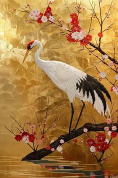 a painting of a crane standing on a branch with red and white flowers in the background