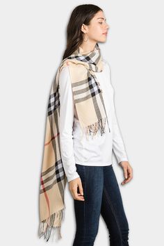 Pashmina scarf in a designer beige plaid. The weight and feel of this scarf is ideal for year round wear. 60" x 170". Beige Pashmina Shawl Scarf, Elegant Brown Pashmina Scarves, Beige Plaid Scarf, Luxury Brown Pashmina Scarves, Winter Paisley Print Pashmina Scarf, Beige Plaid, Pashmina Scarf, Rebecca Minkoff Hobo, Plaid Scarf