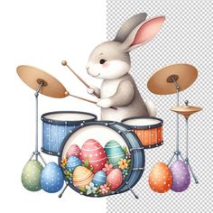 a cartoon bunny playing drums with easter eggs