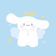 an angel teddy bear with blue eyes and white wings on a light blue background, surrounded by stars