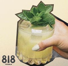 a hand holding a glass filled with lemonade and mint