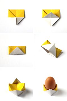 origami shapes and an egg on a white surface with four different ways to fold them