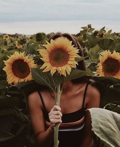 a woman standing in the middle of a sunflower field with her face covered by leaves