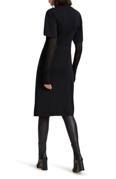 This ultrachic tunic is crafted from fine merino wool and makes a striking silhouette whether worn solo or as part of your modern layered look. Slips on over head Jewel neck Short sleeves High-low hem 100% merino wool Imported Fitted Chic Wool Sweater Dress, Chic Fitted Wool Sweater Dress, Chic Fitted Cashmere Dress, Chic Cashmere Sweater Dress For Work, Chic Fitted Cashmere Sweater Dress, Fitted Black Sweater Dress For Layering, Black Fitted Sweater Dress For Layering, Elegant Fall Dresses For Layering, Elegant Dresses For Fall Layering