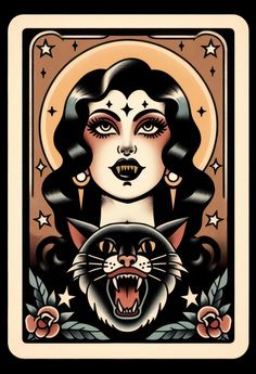 Black Cat Traditional Tattoo, Traditional Vampire Tattoo, Goth Pinup Tattoo, Cat Traditional Tattoo, Traditional Neck Tattoo, Vampire Tattoo, Abstract Tattoo Ideas, Traditional Style Tattoo, Kunst Tattoos