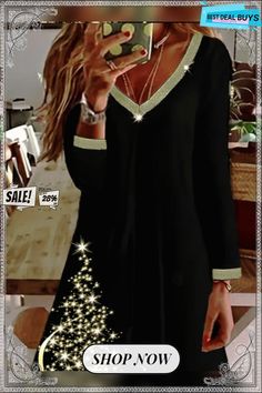 Loose Casual Christmas Dress Elegant A-line Christmas Dress, Casual A-line Long Sleeve Party Dress, Long Sleeve Mini Dress For Christmas Night Out, Christmas Long Sleeve Mini Dress For Night Out, Black V-neck Dress For Holiday, Black V-neck Holiday Dress, Festive Holiday V-neck Dress, V-neck Dress For Festive Party Season, Festive V-neck Dress For Party Season