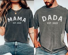 Looking for the perfect gift for a new mom? Look no further than our Comfort Colors Mama Est. 2023 shirt! Find the matching Dada Est. 2023 shirt here: https://www.etsy.com/listing/1399433873/comfort-color-dada-est-2023-shirt-dad?click_key=8707584d9130b90cf272f4109f0734288f92b062%3A1399433873&click_sum=6e452a24&ref=shop_home_active_2&frs=1&sts=1 Comes in multiple colors! ✨️SIZE AND FIT: Your shirt will be printed on a high-quality, soft and comfortable unisex t-shirt. Sizes run true to size, whic Pilot Wife, Pilot Gifts, Mom Life Shirt, Mom Tees, Comfort Color, Mama Shirt, New Mom, Matching Shirts