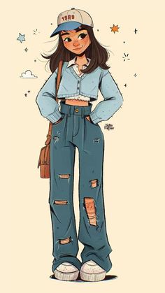 a drawing of a girl in overalls and a baseball cap standing with her hands on her hips