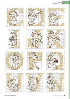 cross stitch alphabets with angels and letters in the shape of letter d, including an angel